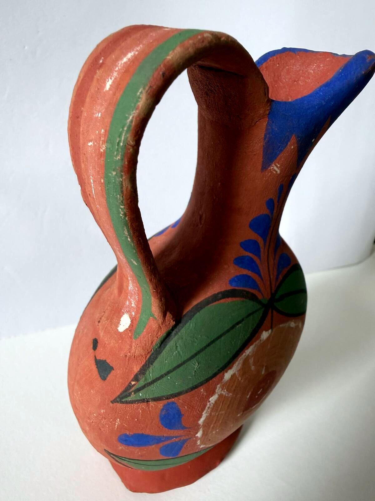 Vintage Hand Painted Mexican Red Clay Pottery Pitcher Made in Mexico