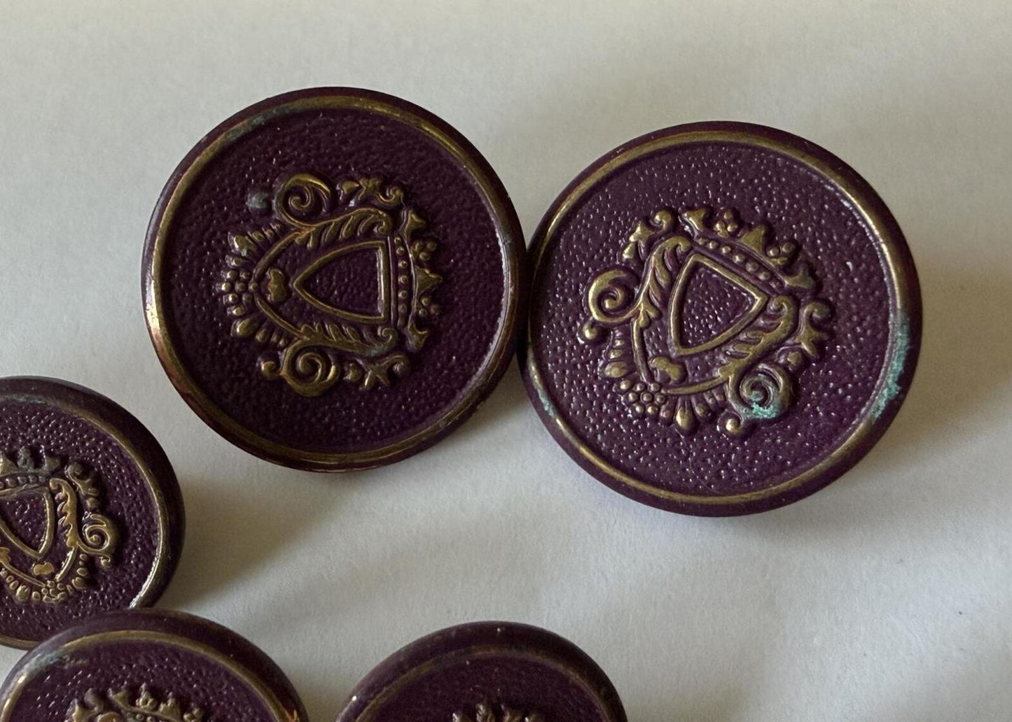 Vintage Lot of 8 Burgundy & Gold Heraldic Crest Shank Buttons Blazer Coat Sewing