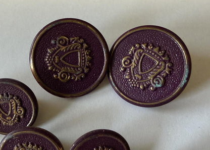 Vintage Lot of 8 Burgundy & Gold Heraldic Crest Shank Buttons Blazer Coat Sewing