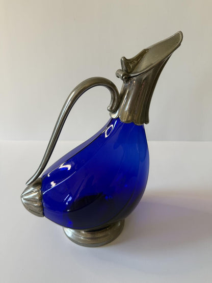 Vintage Italian Cobalt Blue Glass Duck Decanter Silver Plated 9.5”
