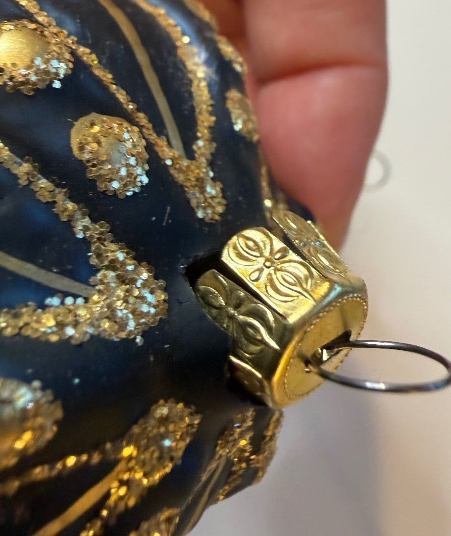 6 Vintage Blue Gold Glass Christmas Ornaments Glitter Molded Set – alternate product view 5 of 11