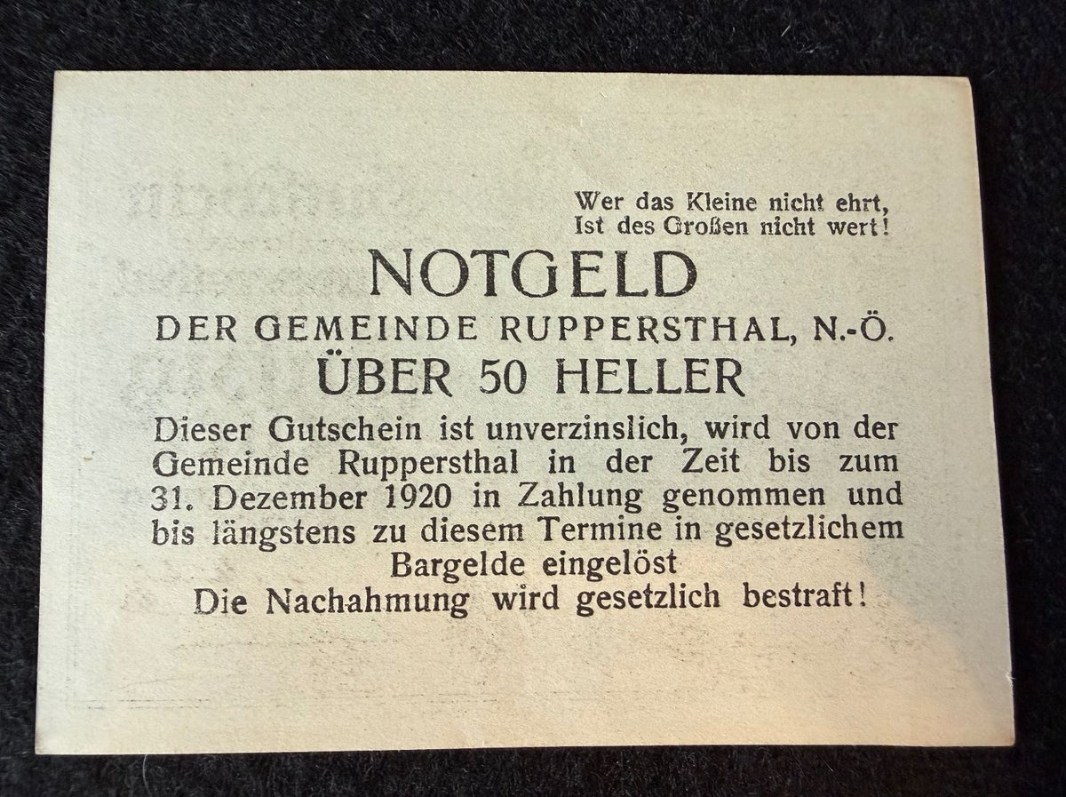 1920 Austria Ruppersthal 50 Heller Notgeld Note — product photograph 2