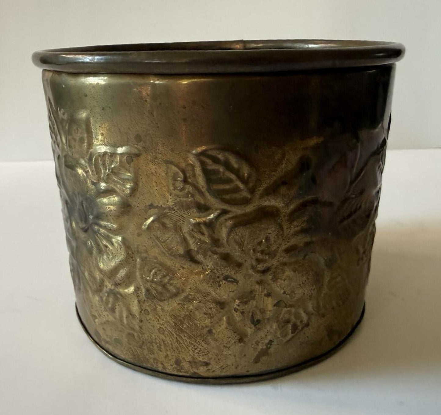 Vintage Embossed Brass Cachepot Planter Made in India Floral Repousse Vase Pot