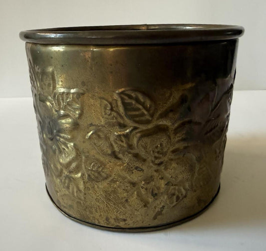 Vintage Embossed Brass Cachepot Planter Made in India Floral Repousse Vase Pot