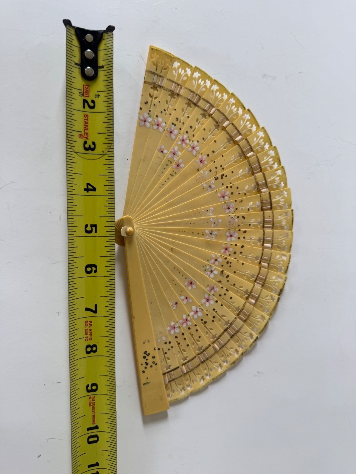 Vintage Japanese Celluloid Folding Hand Fan Hand Painted Floral Pierced Design