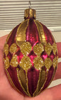 Vintage Czech Glass Christmas Ornament Burgundy Gold Glitter Teardrop Egg