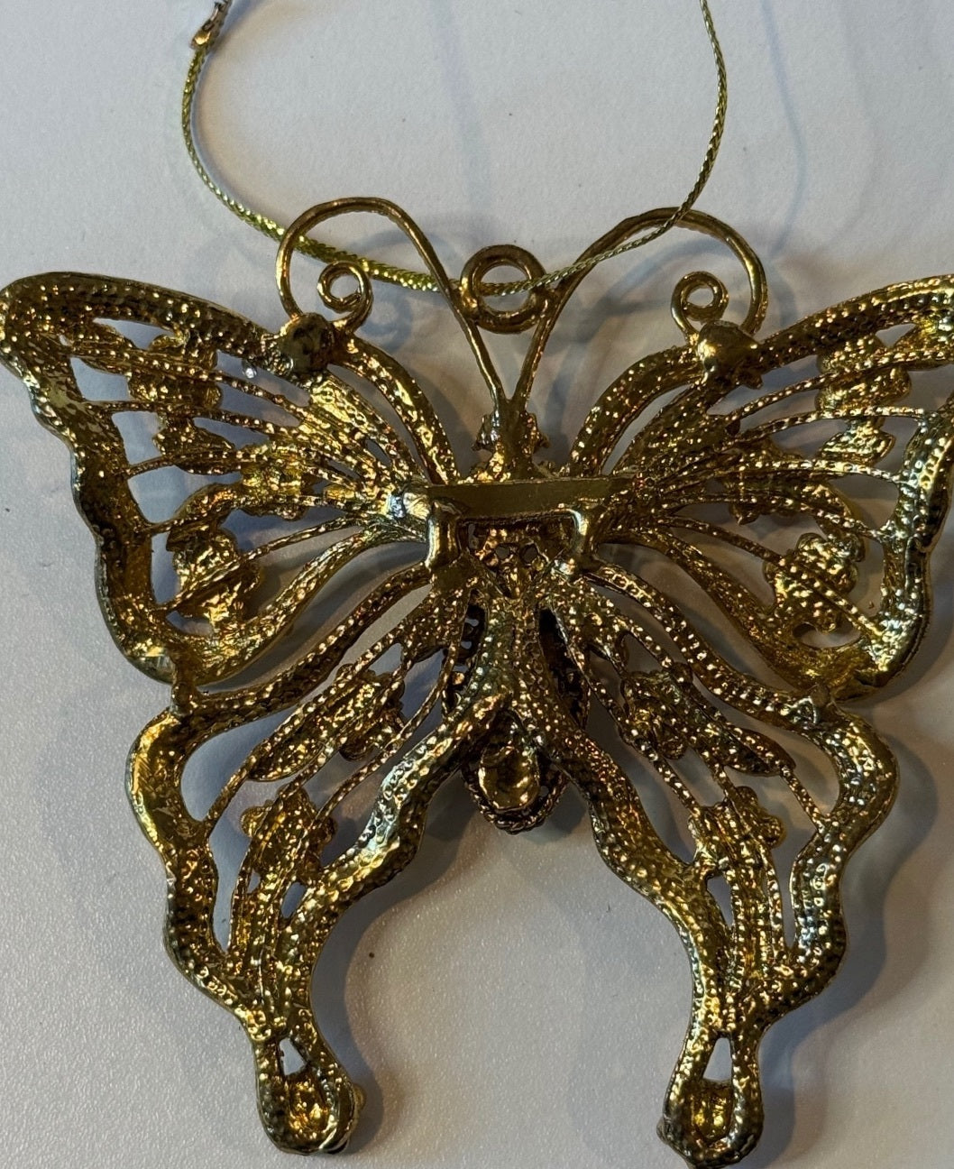 Gold Tone Rhinestone Butterfly Christmas Ornament Red & Clear Crystals
