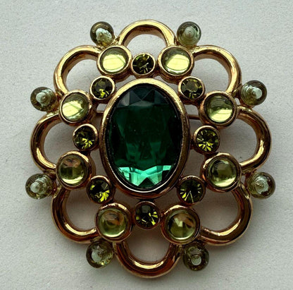 Vintage Green Rhinestone Brooch Lot 2 Floral Gold and Silver Tone