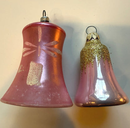 2 Vintage West Germany Pink Glass Bell Christmas Ornaments Glitter