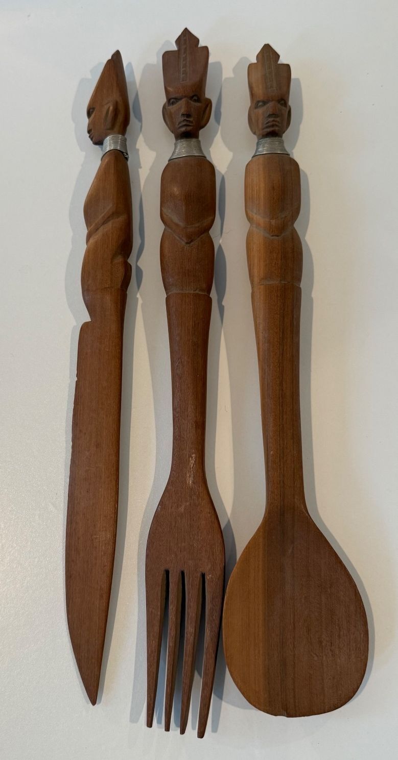 Vintage Kenyan Hand Carved Wood Serving Utensils Set of 3 African Art