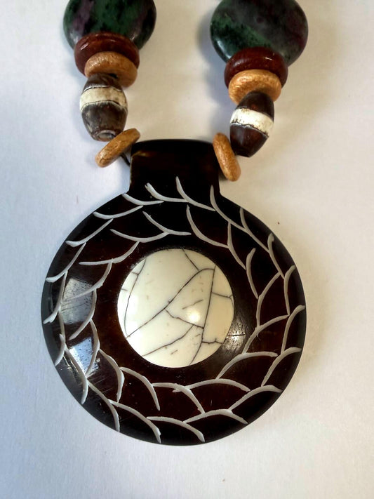 Handcrafted Tribal Pendant Necklace Wood Bead Boho Jewelry