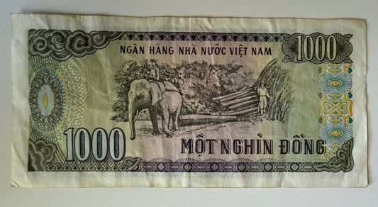 Vietnam 1988 1000 Dong P-106a Ho Chi Minh Elephant Logging Banknote - 172 – alternate product view 2 of 2