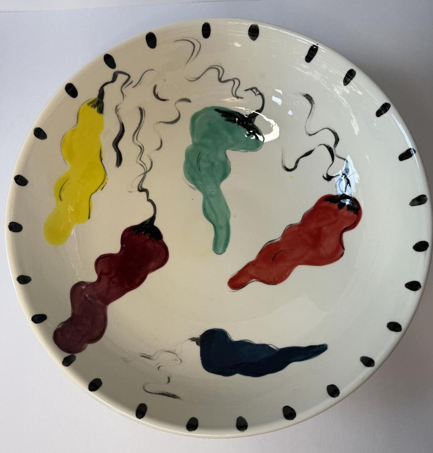 Hand Painted Southwestern Chili Pepper Ceramic Bowl 12” Folk Art Pottery