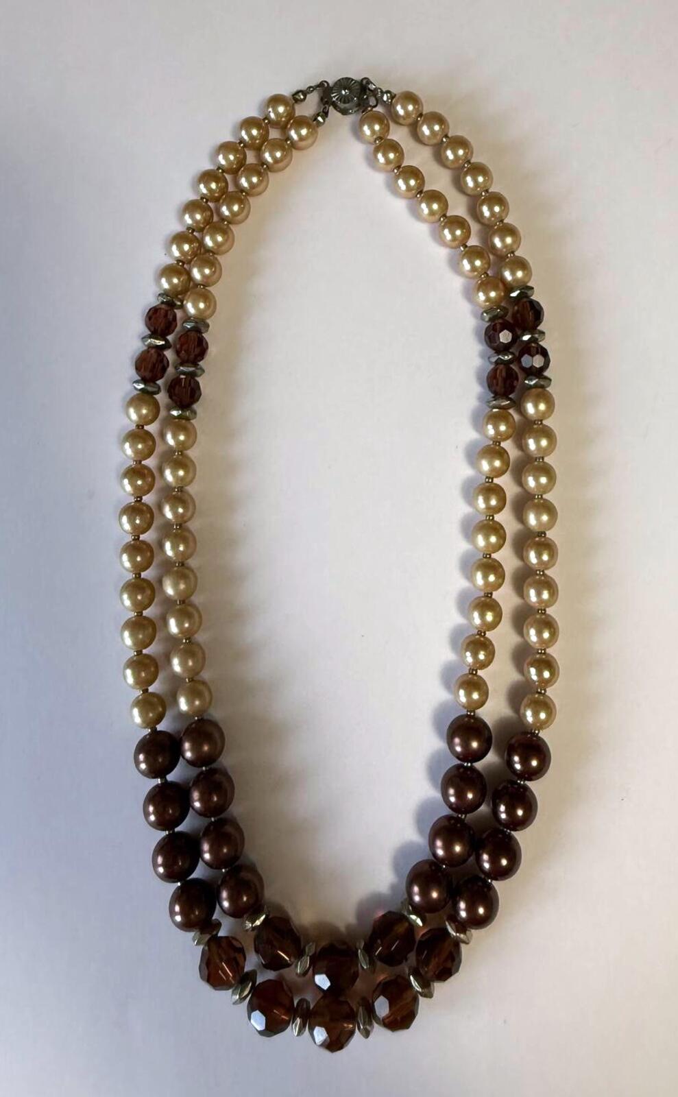 Vintage Double Strand Faux Pearl Necklace Brown Faceted Crystal Beads Retro