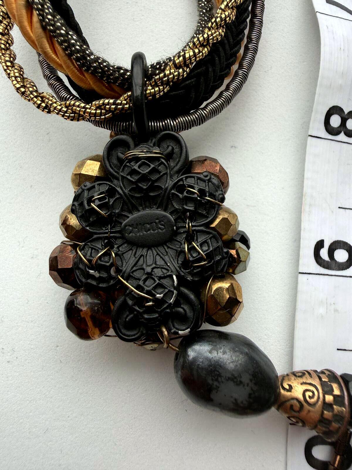 Chico's Multistrand Necklace Brown Black Gold Beaded Tassel Statement