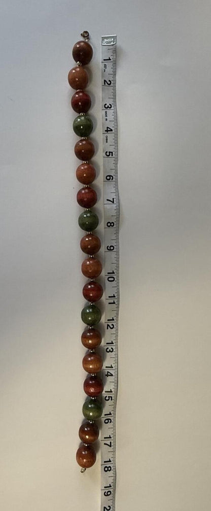 Vintage Handcrafted Wooden Bead Necklace Red Green Brown Large Round Beads 18”