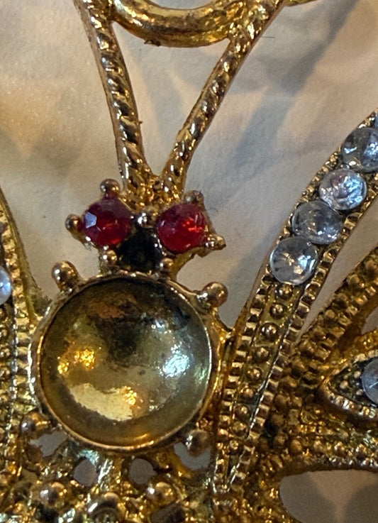 Gold Tone Rhinestone Butterfly Christmas Ornament Red & Clear Crystals