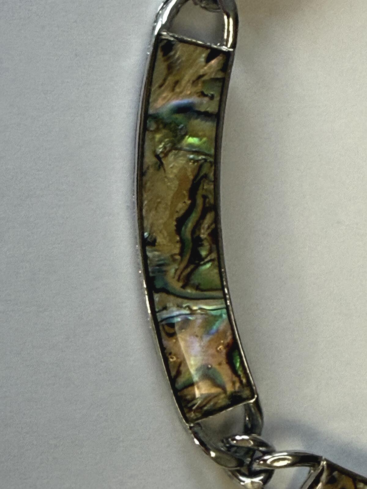 Vintage Abalone Shell Inlay Necklace Silver Tone Link Choker Adjustable