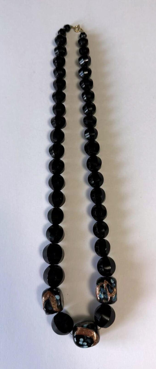 Vintage Black Faceted Bead Necklace Art Glass Foil Accent Statement Necklace