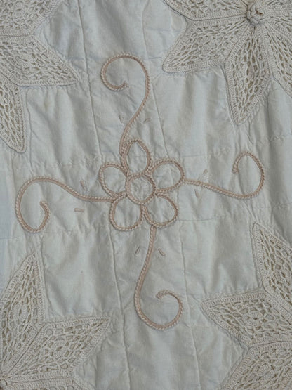 Vintage Handmade Crochet Applique Quilt Coverlet Ivory 79x72 Scalloped Edge