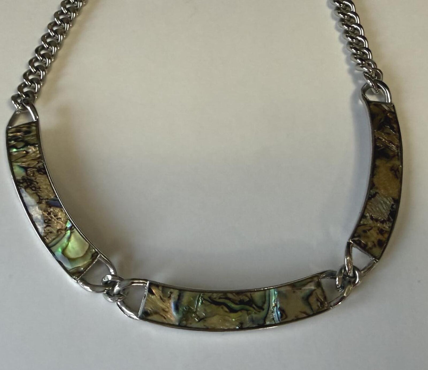 Vintage Abalone Shell Inlay Necklace Silver Tone Link Choker Adjustable