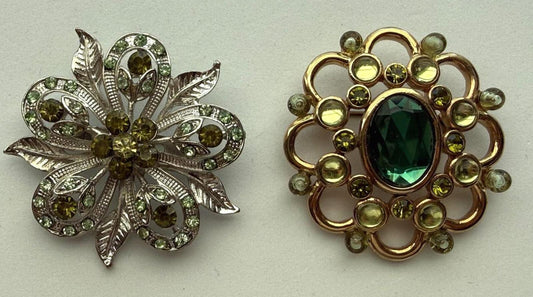 Vintage Green Rhinestone Brooch Lot 2 Floral Gold and Silver Tone