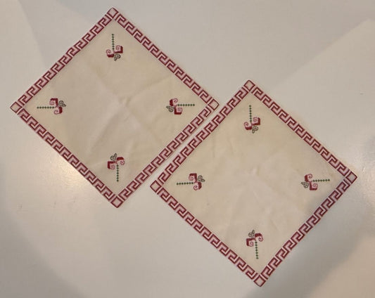 Vintage Hand Stitched Needlepoint Cross Stitch Table Mats Set of 2 9” Floral