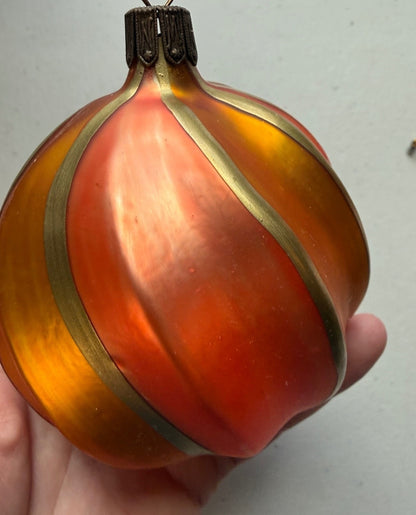 Vintage Germany Blown Glass Christmas Ornament Orange Gold Swirl 3.5”