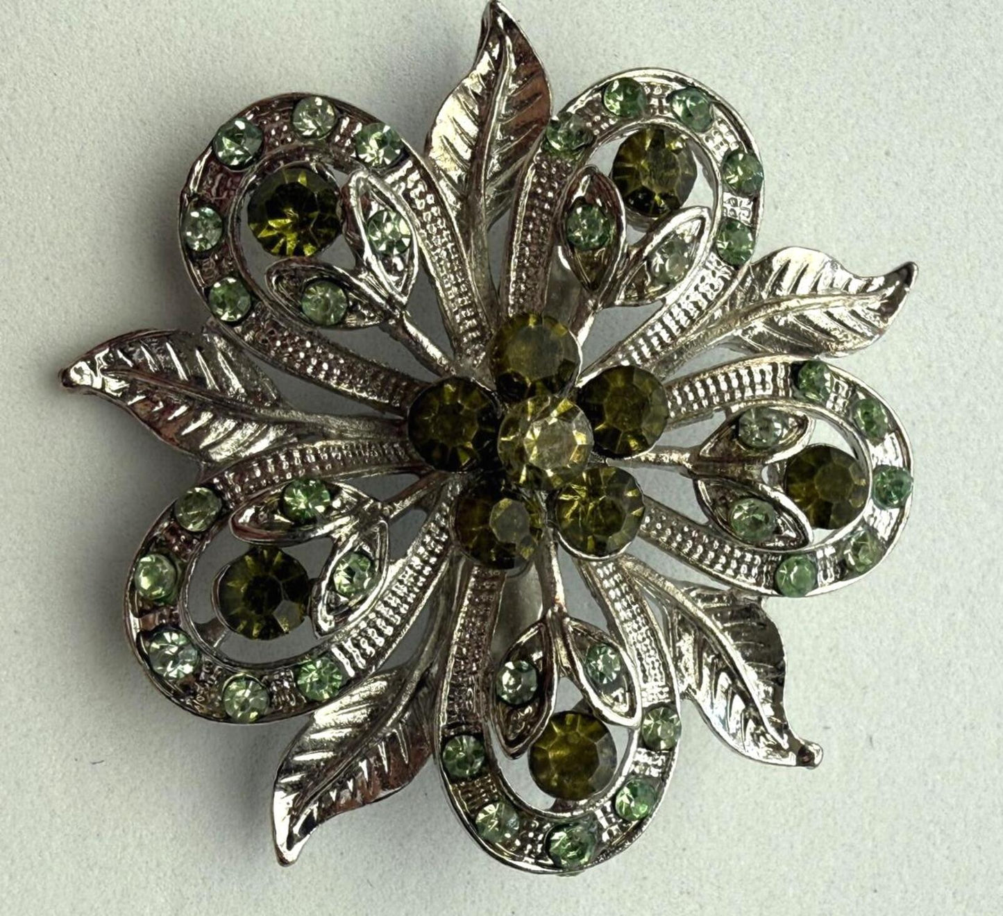 Vintage Green Rhinestone Brooch Lot 2 Floral Gold and Silver Tone