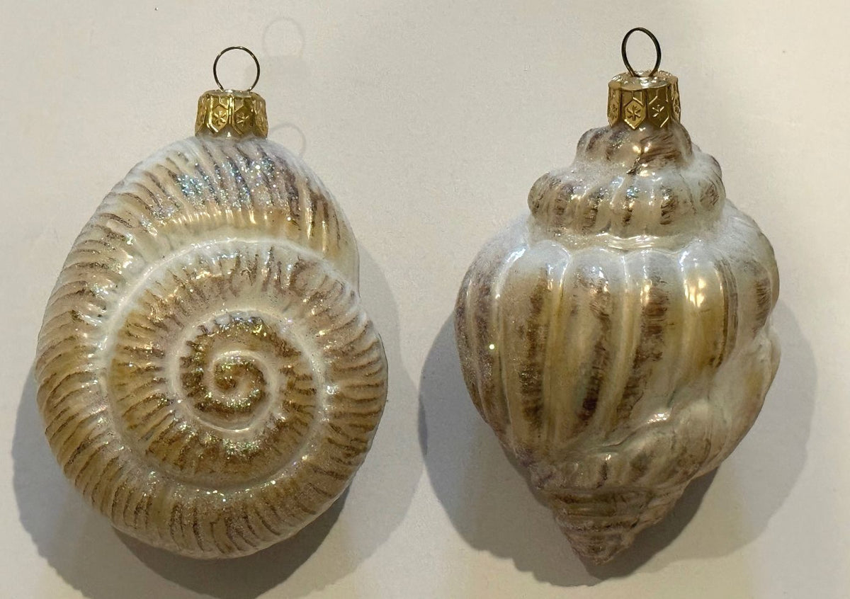 Vintage Poland Glass Seashell Christmas Ornaments Conch Spiral Shell Set 2