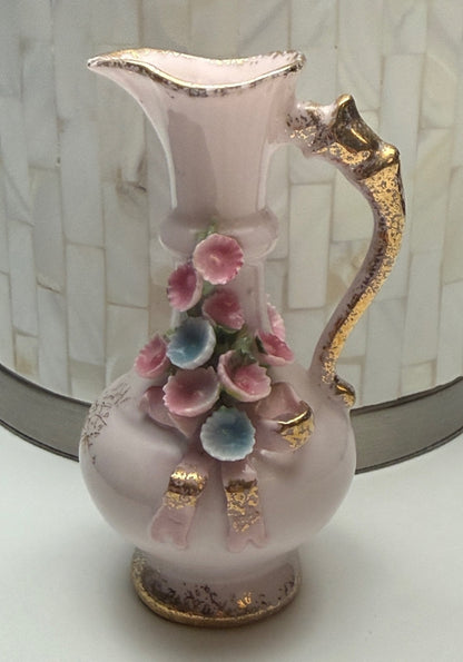 Vintage Lefton China Pink Floral Pitcher Vase Hand Painted Japan 4”