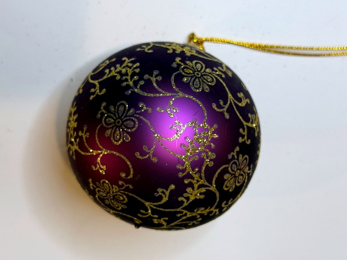 Vintage Krebs Germany Purple Glass Ornament Gold Floral Glitter 3”