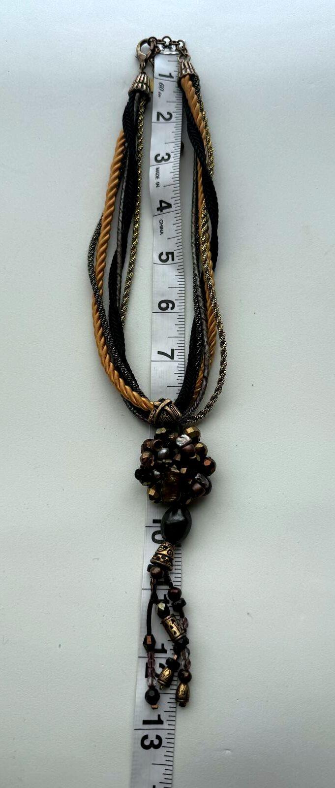 Chico's Multistrand Necklace Brown Black Gold Beaded Tassel Statement