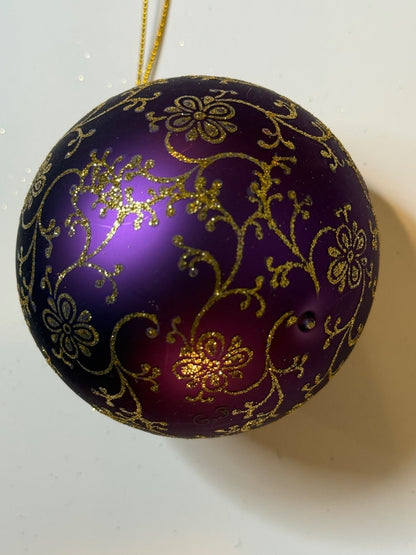 Vintage Krebs Germany Purple Glass Ornament Gold Floral Glitter 3” – alternate product view 2 of 6