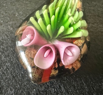 Murano Style Lampwork Glass Floral Pendant Necklace Pink Flowers Aventurine – alternate product view 2 of 8