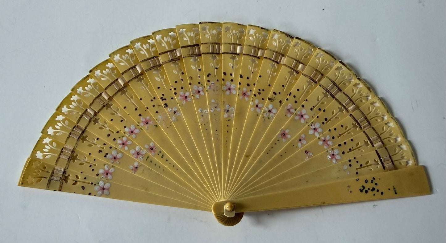 Vintage Japanese Celluloid Folding Hand Fan Hand Painted Floral Pierced Design