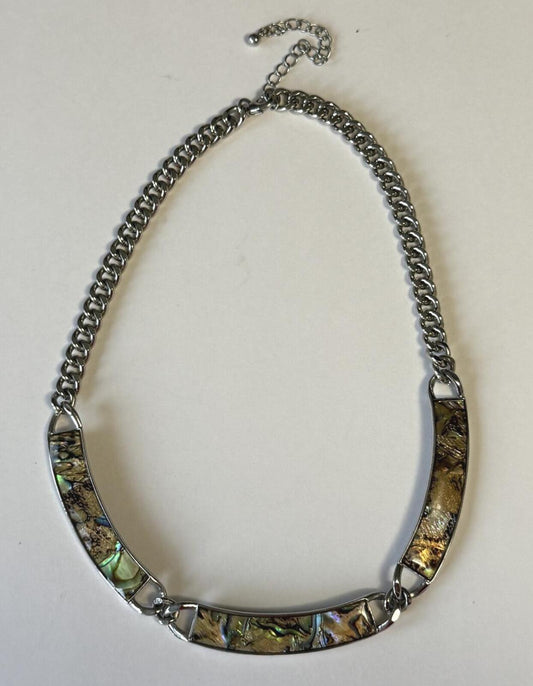 Vintage Abalone Shell Inlay Necklace Silver Tone Link Choker Adjustable