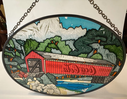 Vintage Coca-Cola Covered Bridge Faux Stained Glass Wall Hanging
