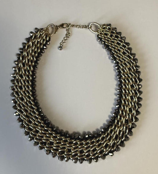Chico’s Multi Strand Gold Tone Chain Necklace Hematite Gray Bead Collar