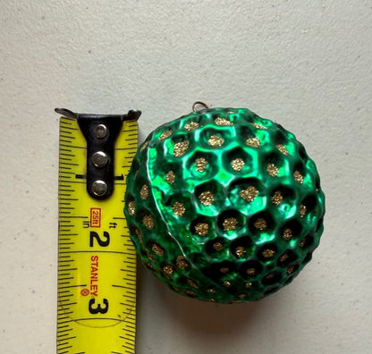 Vintage Germany Green Glass Hobnail Christmas Ornament Gold Glitter 3”