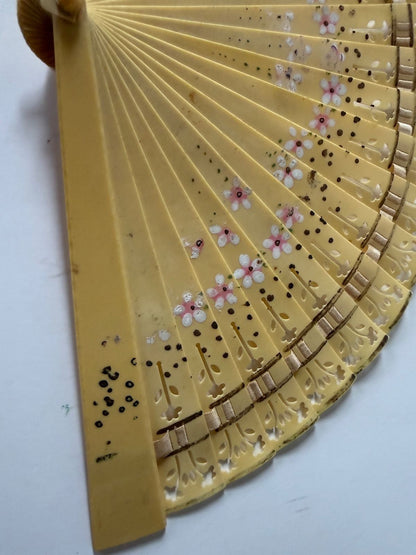 Vintage Japanese Celluloid Folding Hand Fan Hand Painted Floral Pierced Design
