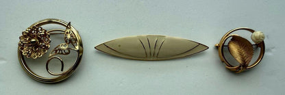 Vintage Brooch Lot 3 Gold Tone Floral Leaf Mid Century Modern