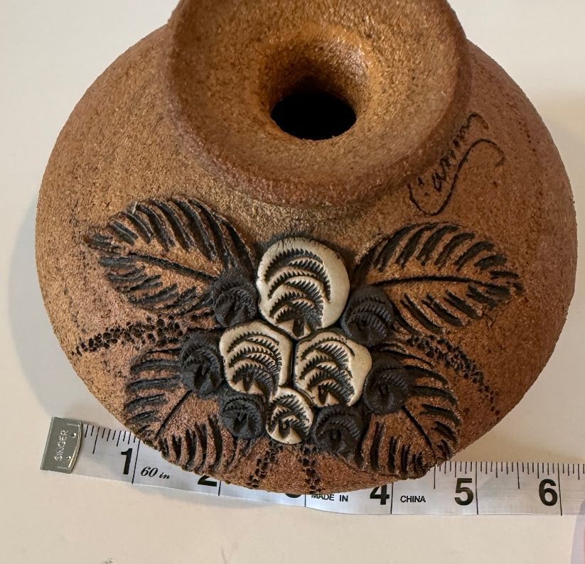 Signed Studio Pottery Vase Applied Floral Relief Art Pottery Rustic 5” Vase