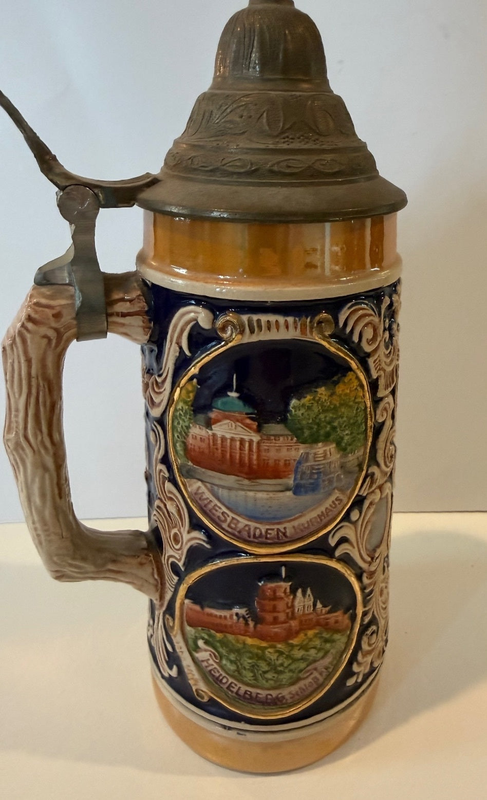 Vintage GERZ W Germany Beer Stein Pewter Lid German Cities Relief 10”