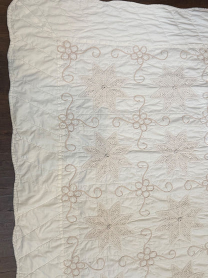 Vintage Handmade Crochet Applique Quilt Coverlet Ivory 79x72 Scalloped Edge