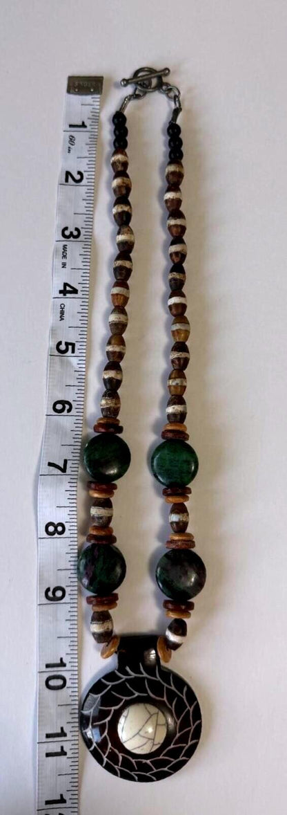 Handcrafted Tribal Pendant Necklace Wood Bead Boho Jewelry
