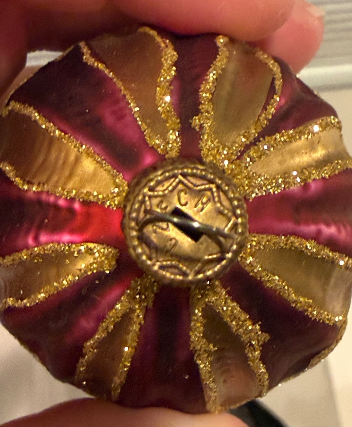 Vintage Czech Glass Christmas Ornament Burgundy Gold Glitter Teardrop Egg – alternate product view 4 of 5
