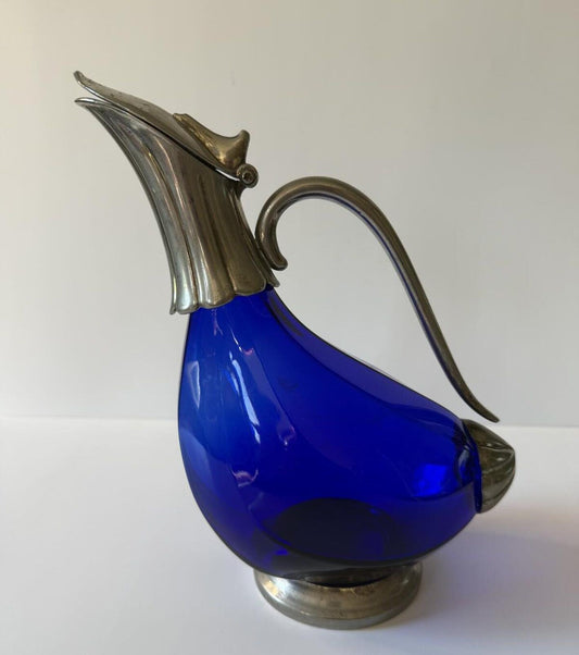 Vintage Italian Cobalt Blue Glass Duck Decanter Silver Plated 9.5”