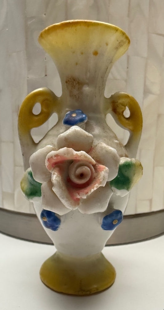 Vintage Occupied Japan Mini Vase Applied Flowers Double Handle 4”