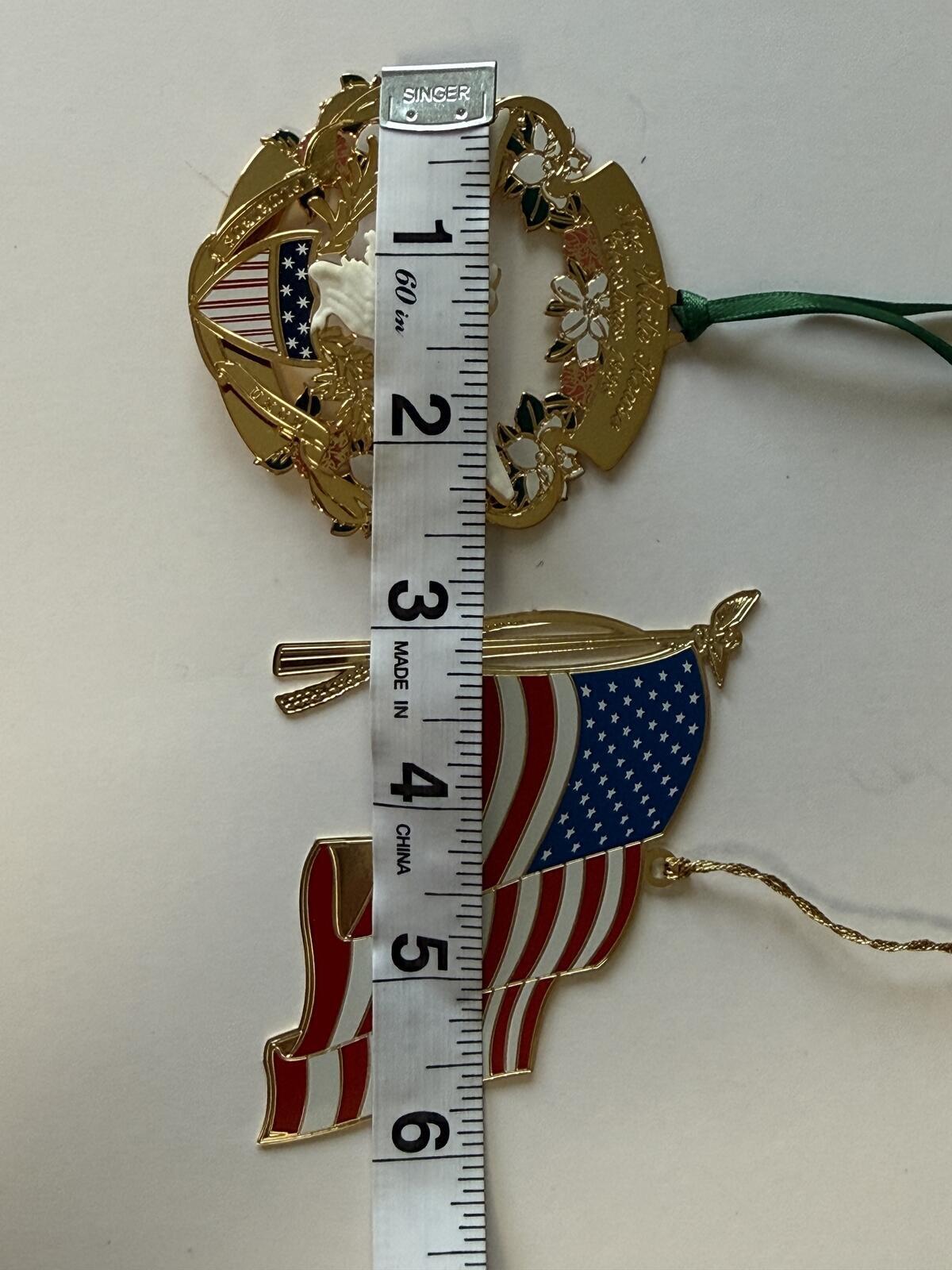 Vintage Patriotic Christmas Ornament Lot – White House & American Flag Baldwin